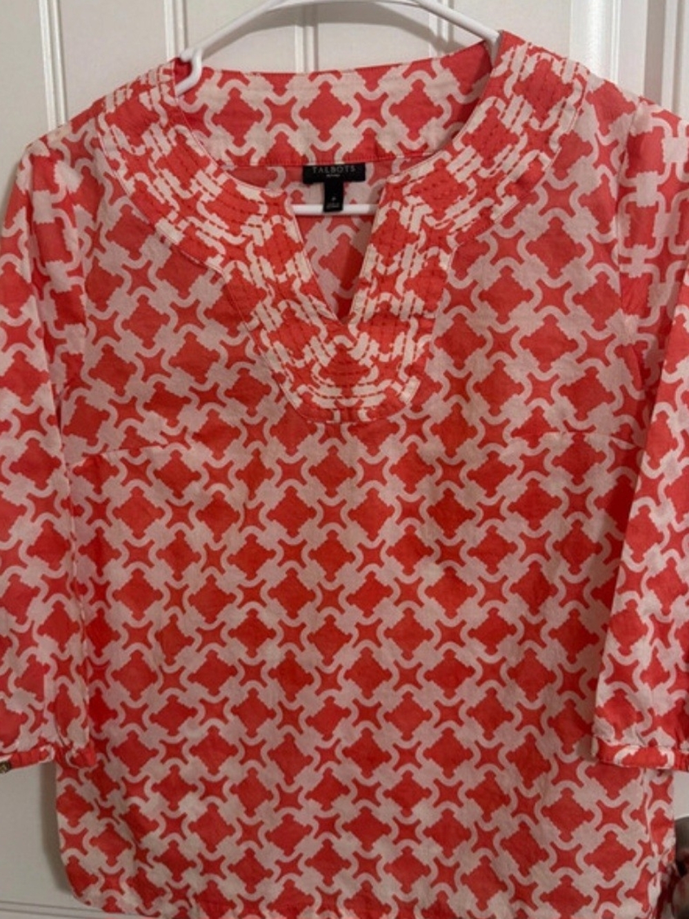 Talbots Coral and White Geometric Split-Neck Tunic